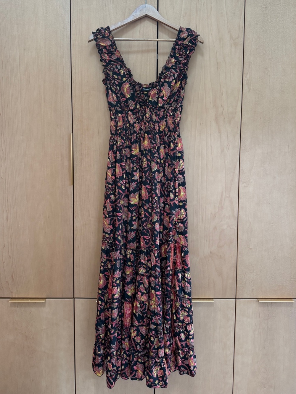 Smocked Floral Maxi Dress in Black with Pink & Gold Accents - Picture 1 of 4